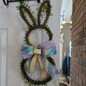 Easter Bunny Wreath with Custom Pastel Bow.  Dimensions 20.5 Tall and 9 " wide